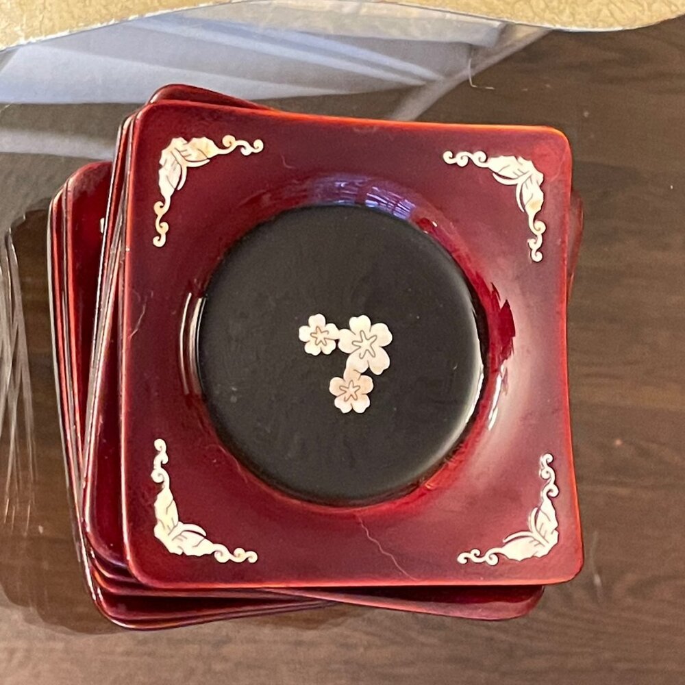 Vintage Korean Lacquer Ware Wood Coasters Mother of Pearl Inlay Coasters Set